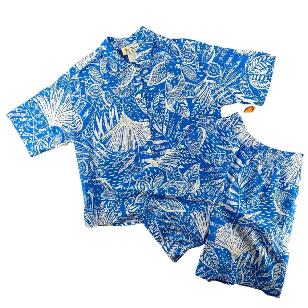 Vtg NOS 80s 90s Two Potato Resortwear Matching Vacation Set Botanical Print Blue